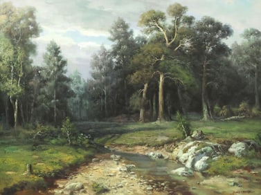 SIGNED ARMSTRONG PAINTING, FOREST & STREAM LANDSCAPE, 36" X 48"