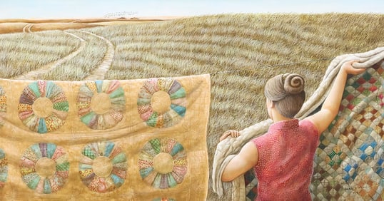 ANCEL E. NUNN (TX, D.1999) COUNTRYSIDE QUILTS PAINTING, PASSING SEASONS, 10" X 19"