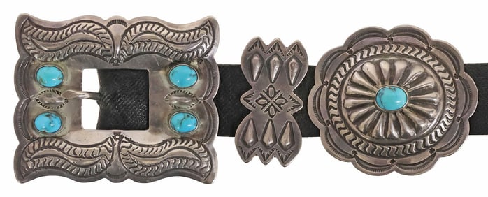 NATIVE AMERICAN TURQUOISE & STAMPWORKED SILVER CONCHO BELT