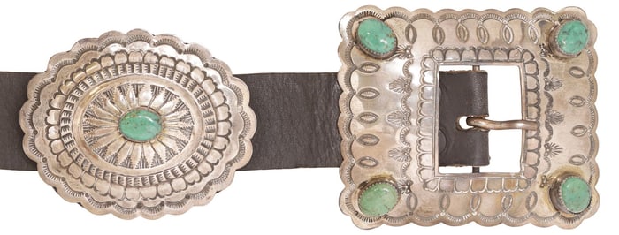 NATIVE AMERICAN STERLING SILVER & TURQUOISE CONCHO BELT, SIGNED
