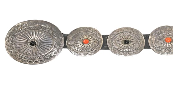 NATIVE AMERICAN SILVER, RED CORAL, & ONYX CONCHO BELT
