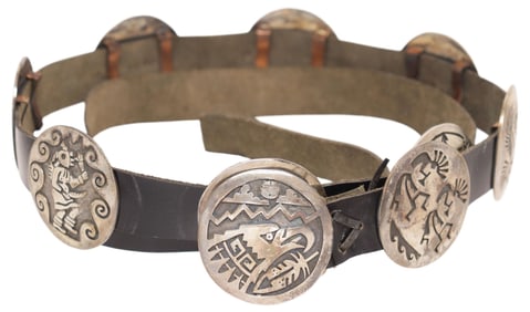 SHARON CISCO NAVAJO STERLING SILVER OVERLAY CONCHO BELT ON BLACK STRAP