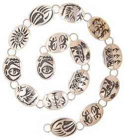 GEORGE PHILLIPS HOPI STERLING SILVER OVERLAY STORYTELLER CONCHO BELT