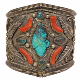 IMPRESSIVE RAY KING NAVAJO SILVER, TURQUOISE, & RED CORAL CUFF BRACELET