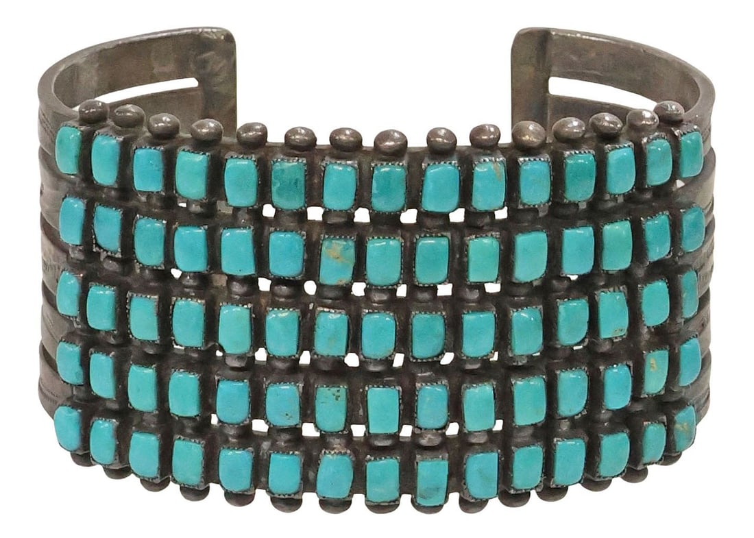 NATIVE AMERICAN SILVER & TURQUOISE WIDE CUFF BRACELET (1 of 4)