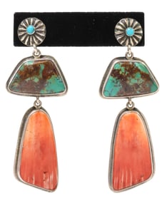 JIMMY BEGAY JR. NAVAJO TURQUOISE & SPINY OYSTER STERLING DROP EARRINGS