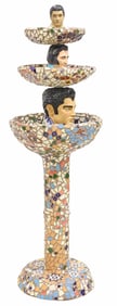 UNUSUAL 3-TIER MIXED MEDIA MOSAIC BIRD BATH WITH ELVIS BUSTS, 70"H