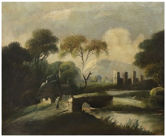 FRAMED ENGLISH SCHOOL PAINTING, LANDSCAPE WITH BRIDGE & RUINS
