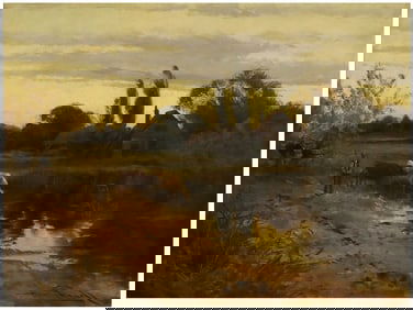 HARRY PENNELL (1879-1934) OIL PAINTING, PASTORAL SUNSET LANDSCAPE, 24" X 18"