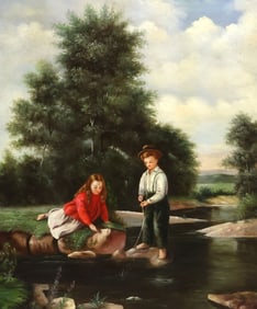 AFTER THOMAS WATERMAN WOOD OIL PAINTING, CHILDREN FISHING