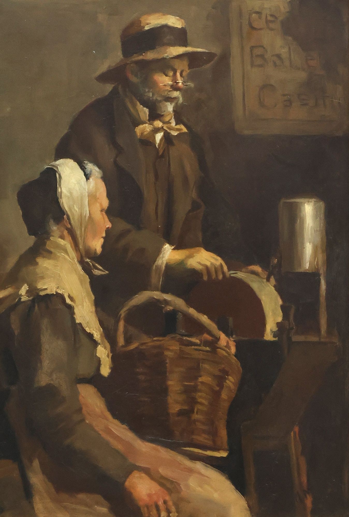 AFTER RODOLPHE CHRISTEN (1859-1906) OIL PAINTING, 'AN ELDERLY COUPLE': Framed oil on canvas painting, "An Elderly Couple," after the work by Rodolphe Christen (Swiss, 1859-1906), signed lower right M. MacRae (?), sight: approx 25 1/8"h, 17"w, overall: approx 35 5/8"h, 27