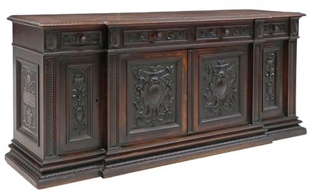 ITALIAN RENAISSANCE REVIVAL WALNUT BREAKFRONT SIDEBOARD