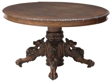 FRENCH HENRI II STYLE CARVED OAK DINING TABLE