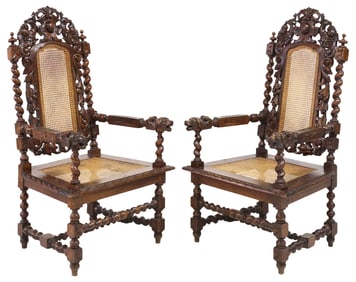 (2) FRENCH HENRI II STYLE CARVED OAK & CANE THRONE CHAIRS