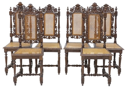(6) FRENCH HENRI II STYLE CARVED OAK & CANE DINING CHAIRS