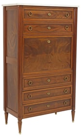 FRENCH LOUIS XVI STYLE MARBLE-TOP FIGURED MAHOGANY SECRETARY