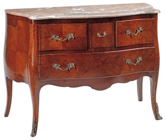 FRENCH LOUIS XV STYLE MARBLE-TOP MATCHED VENEER COMMODE