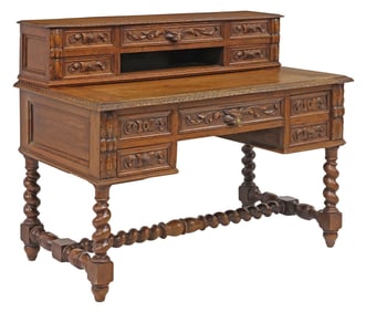 FRENCH HENRI II STYLE CARVED OAK WRITING DESK / BUREAU