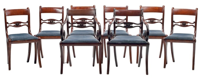 (8) REGENCY STYLE UPHOLSTERED MAHOGANY DINING CHAIRS