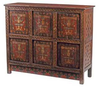TIBETAN POLYCHROME-DECORATED SIX-PANEL CABINET
