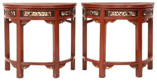 (2) DIMINUTIVE CHINESE PARCEL-GILT RED LACQUER DEMILUNE SIDE TABLES