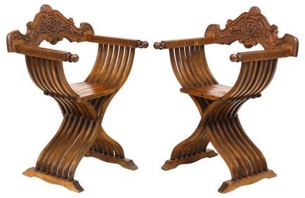 (2) ITALIAN RENAISSANCE REVIVAL WALNUT SAVONAROLA CURULE CHAIRS