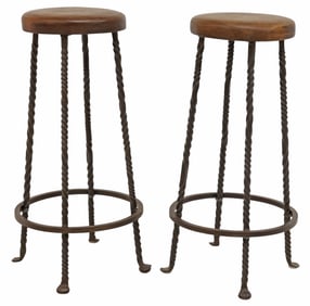 (2) FRENCH OAK & SPIRALED WROUGHT IRON BAR STOOLS