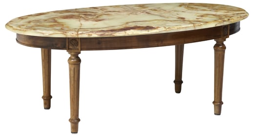 FRENCH LOUIS XVI STYLE ONYX-TOP CARVED WALNUT COFFEE TABLE