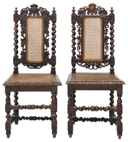 (2) FRENCH HENRI II STYLE CARVED OAK & CANED DINING CHAIRS
