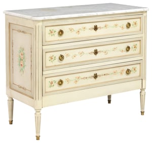 FRENCH LOUIS XVI STYLE MARBLE-TOP PAINT-DECORATED COMMODE
