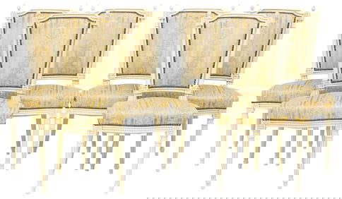 (6) FRENCH LOUIS XVI STYLE WHITE UPHOLSTERED DINING CHAIRS