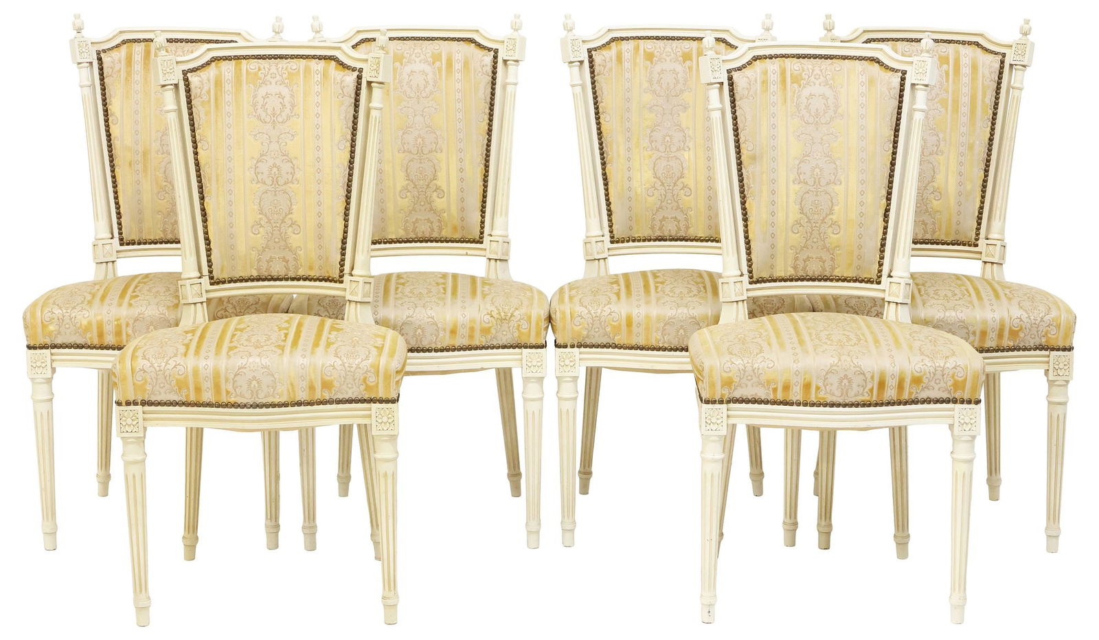 (6) FRENCH LOUIS XVI STYLE WHITE UPHOLSTERED DINING CHAIRS: (lot of 6) French Louis XVI style white-painted side chairs, 20th c., each having turned finials and columnar posts, padded back and seat in striped fabric upholstery, with nailhead trim, rising on fl