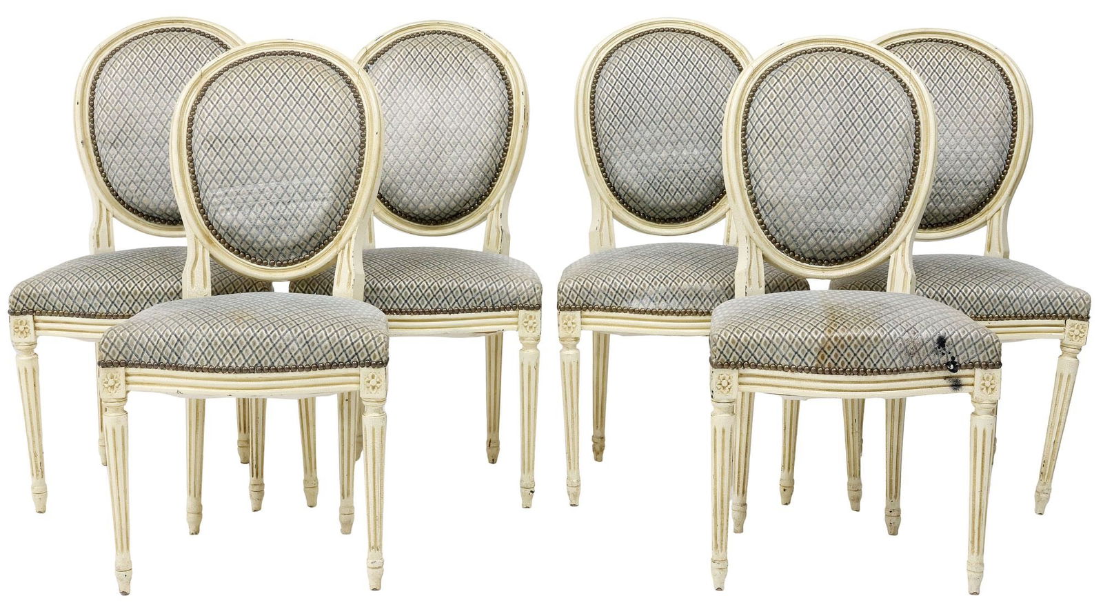 (6) FRENCH LOUIS XVI STYLE PAINTED CHAIRS: (lot of 6) French Louis XVI style upholstered side chairs, 20th c., having oval backs and cream painted frame, nail head trim, rising on fluted legs, approx 36.25"h, 19"w, 18.75"d, seat height: approx