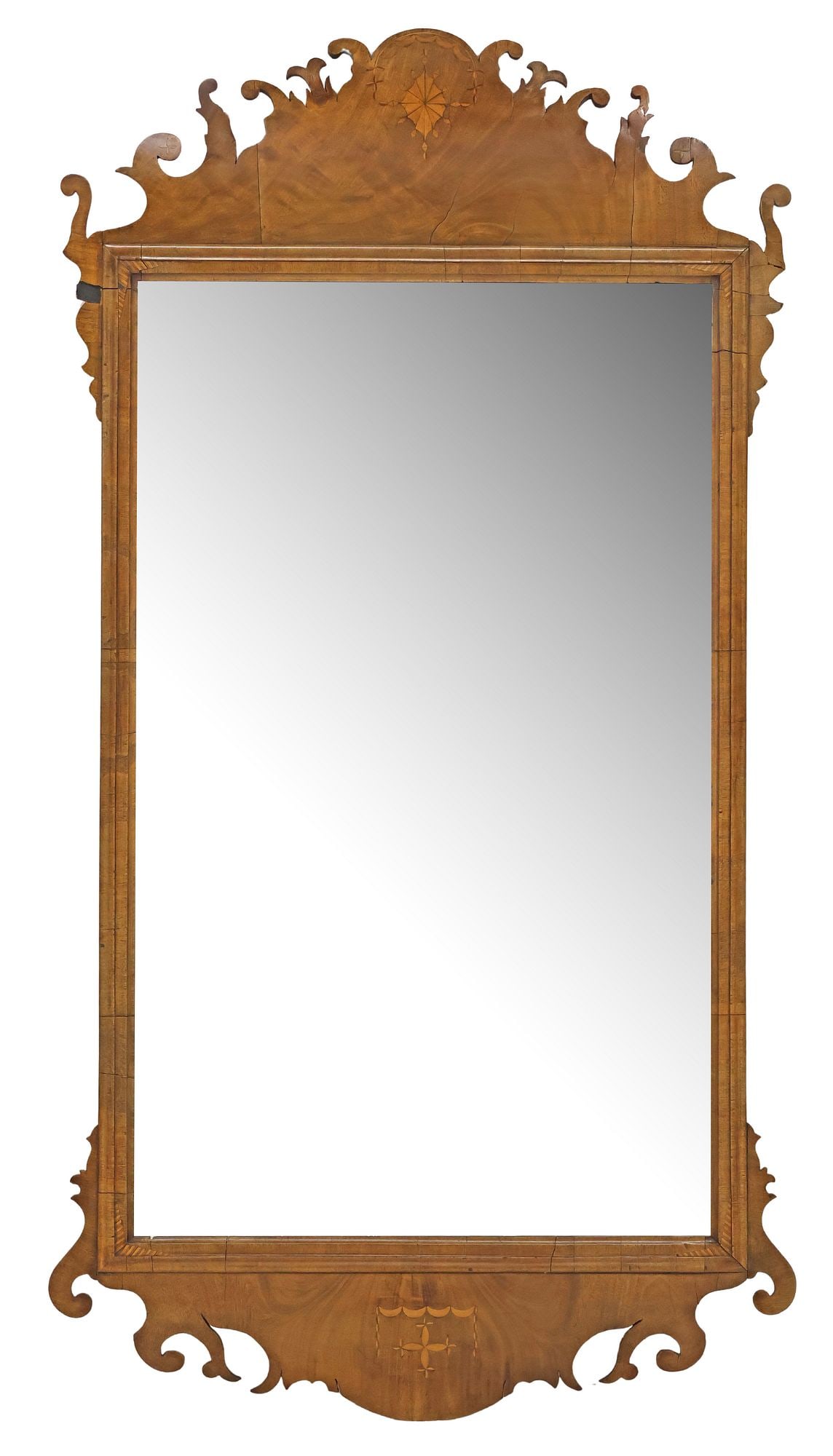 LARGE CHIPPENDALE STYLE INLAID MAHOGANY MIRROR, 57" X 29.5" (1 of 3)