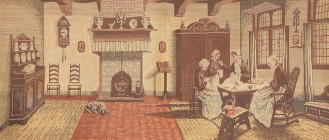 FRAMED WOVEN WALL TAPESTRY, WOMEN SEWING