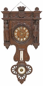 FRENCH CARVED OAK WALL CLOCK WITH BAROMETER & THERMOMETER
