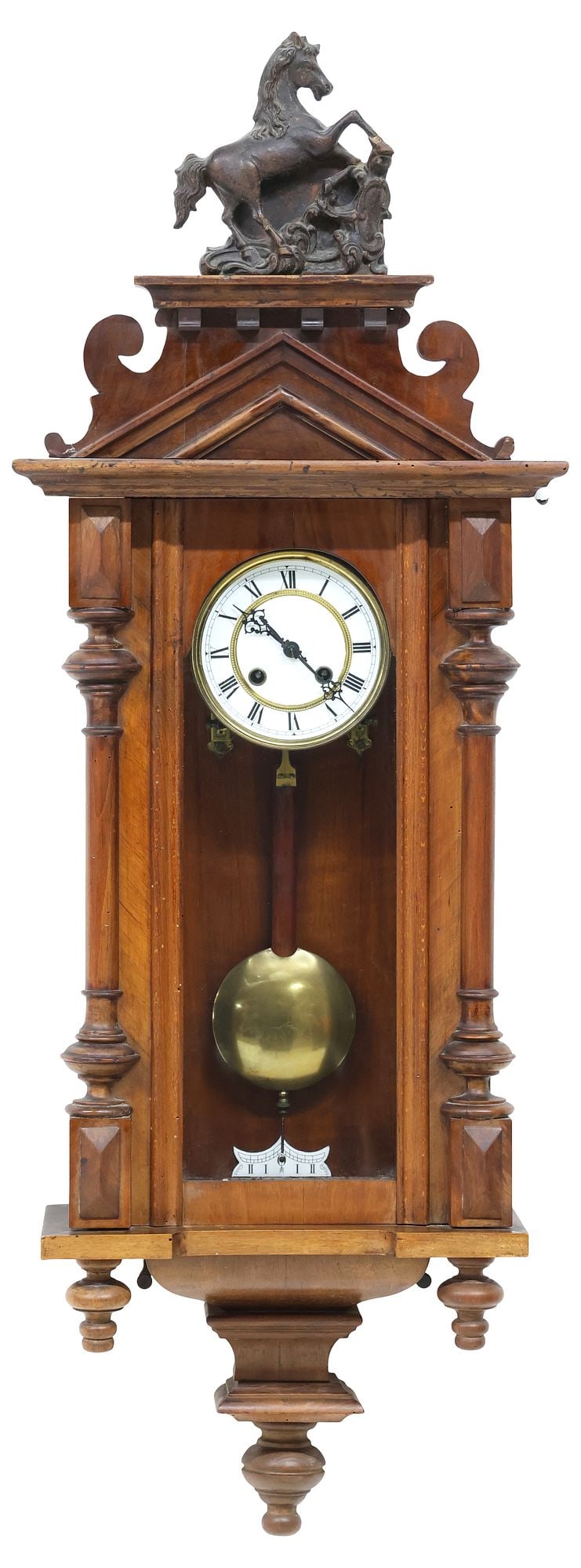 GERMAN CARVED HORSE CREST REGULATOR WALL CLOCK: German carved wood regulator wall clock, late 19th c., having rearing horse finial, over architectural case, flanked by turned pilasters, glazed viewing panel, encasing white dial with Roman numeral h