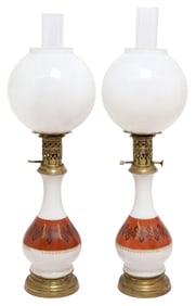 (2) FRENCH MAISON DE LALUMINIUM OPALINE GLASS & BRASS OIL LAMPS