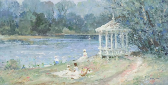 LOU GORDON (TEXAS, 20TH C.)  IMPRESSIONISTIC PAINTING, PICNIC BY THE GAZEBO, 16" X 31"