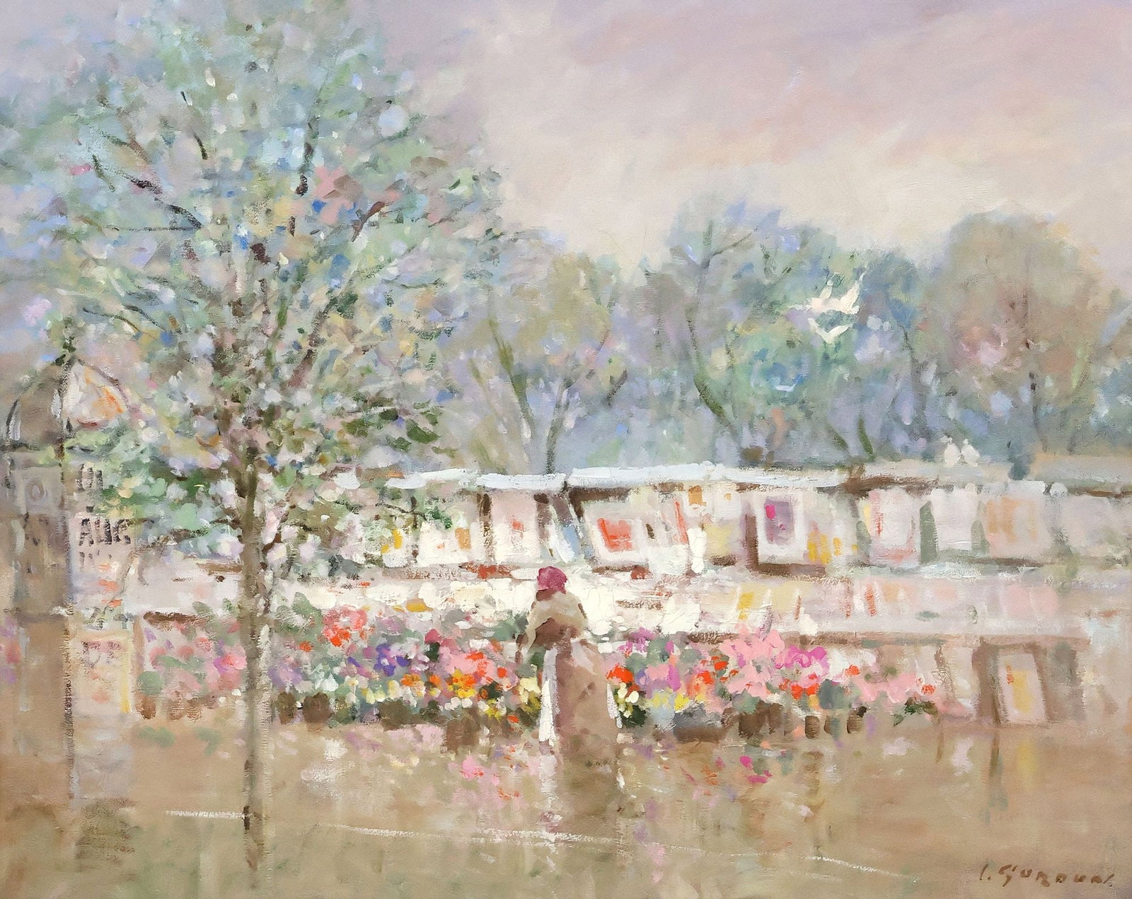 LOU GORDON (TEXAS, 20TH C.) IMPRESSIONISTIC PAINTING, THE FLOWER SELLER, 24" X 30": Framed oil on canvas painting, The Flower Seller, signed lower right L. Gordon (Lou Gordon, Texas, 20th c.), sight: approx. 23.25"h, 29.5"w, overall: approx 32"h, 38"w, 10.5lbs