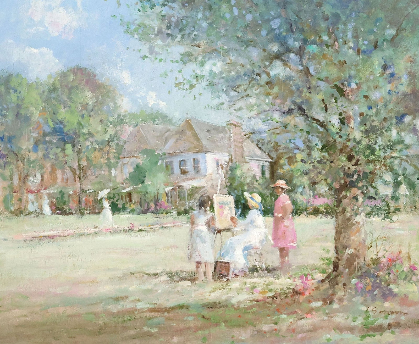 LOU GORDON (TEXAS, 20THC.) IMPRESSIONISTIC PAINTING, THE ARTIST, 24" X 30": Framed oil on canvas painting, The Artist, signed lower right L. Gordon (Lou Gordon, Texas, 20th c.), sight: approx 23.5"h, 29.75"w, overall: approx 32"h, 38"w, 10.5lbs