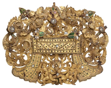 LARGE SOUTHEAST ASIAN GLASS-INLAID GILT IRON ARCHITECTURAL PLAQUE /  WALL HANGING