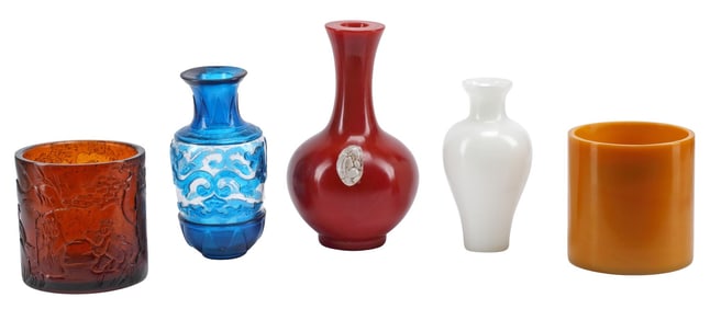 (5) CHINESE PEKING GLASS VASES & BRUSH POTS