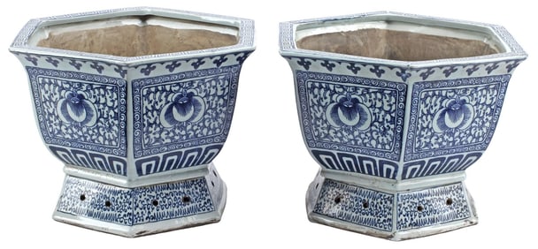 (2) CHINESE BLUE & WHITE PORCELAIN HEXAGONAL PLANTERS / JARDINIERES