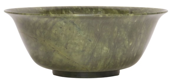 LARGE CHINESE CARVED GREEN HARDSTONE BOWL, 10"DIAM