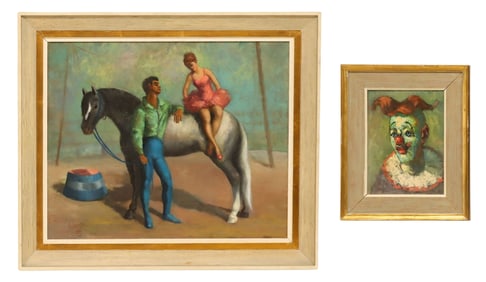 (2) LESLIE LARSSON (TX, D.1970) OIL PAINTINGS, CIRCUS CLOWN & PERFORMERS