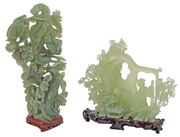 (2) CHINESE CARVED GREEN HARDSTONE CABINET FIGURES ON WOOD BASES