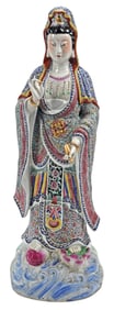 LARGE CHINESE ENAMELED PORCELAIN FIGURE OF GUANYIN, 24"H