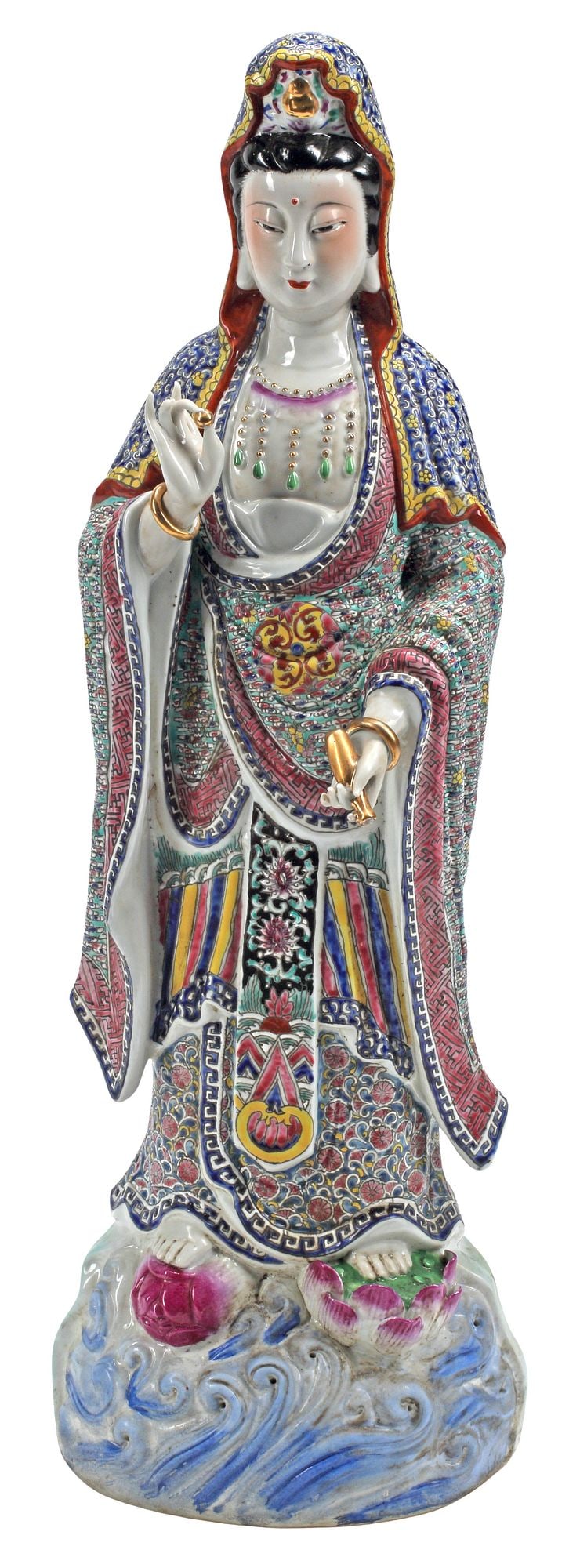 LARGE CHINESE ENAMELED PORCELAIN FIGURE OF GUANYIN, 24"H: Large Chinese enameled porcelain figure of Guanyin, approx 24"h, 8"w, 7"d, 12lbs