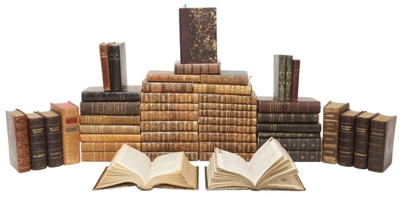 (49) FRENCH LEATHER-BOUND LIBRARY SHELF BOOKS, RELIGION & LITURGY